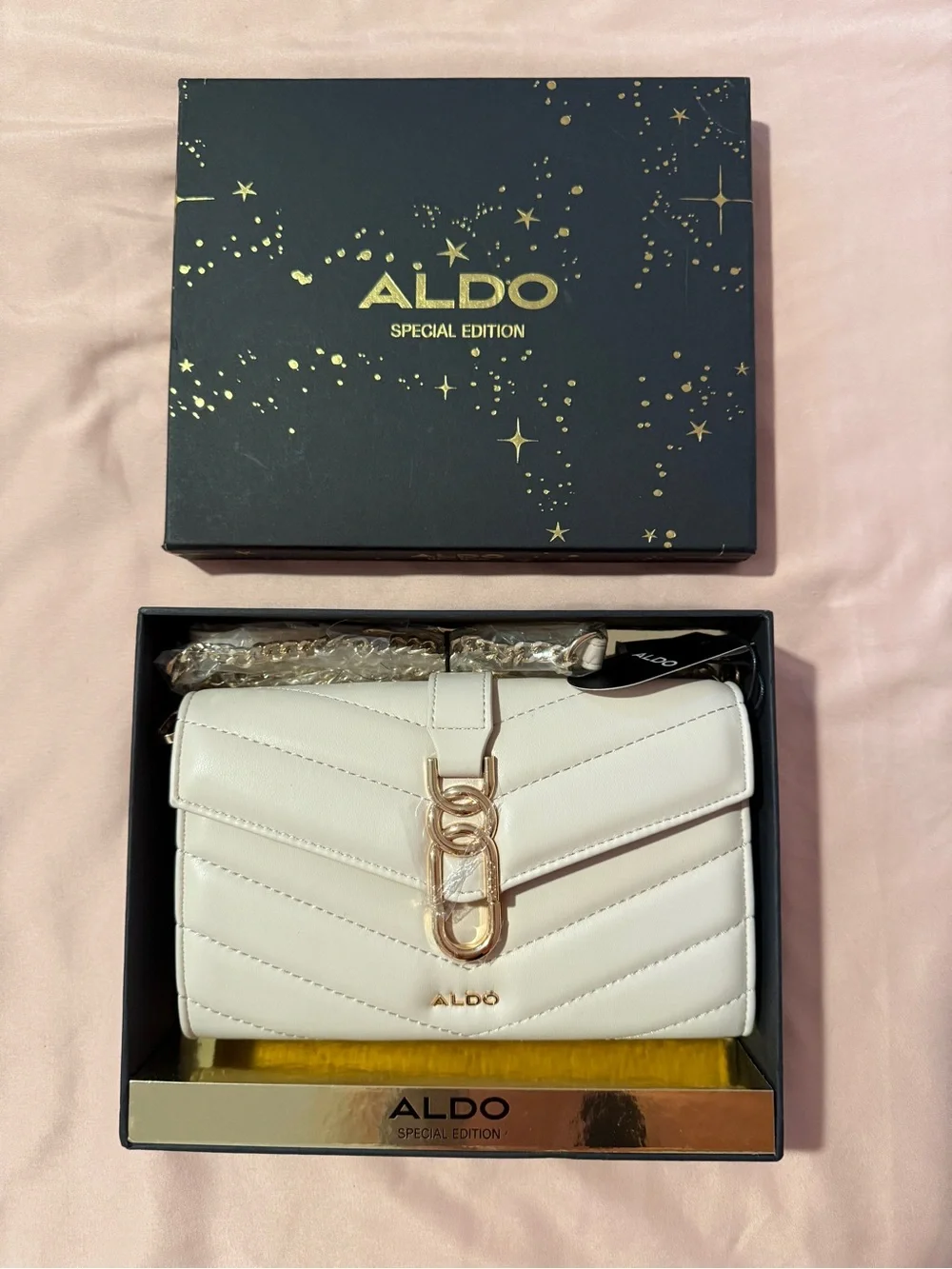 ALDO White Quilted Crossbody with Gold Chain Hardware